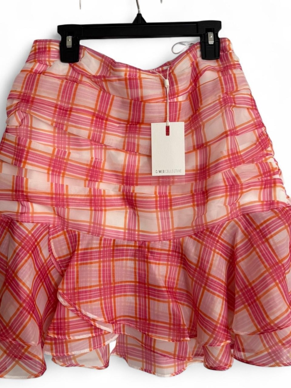 C/MEO Collective Pink & Orange Plaid Ruffle Mini Skirt
